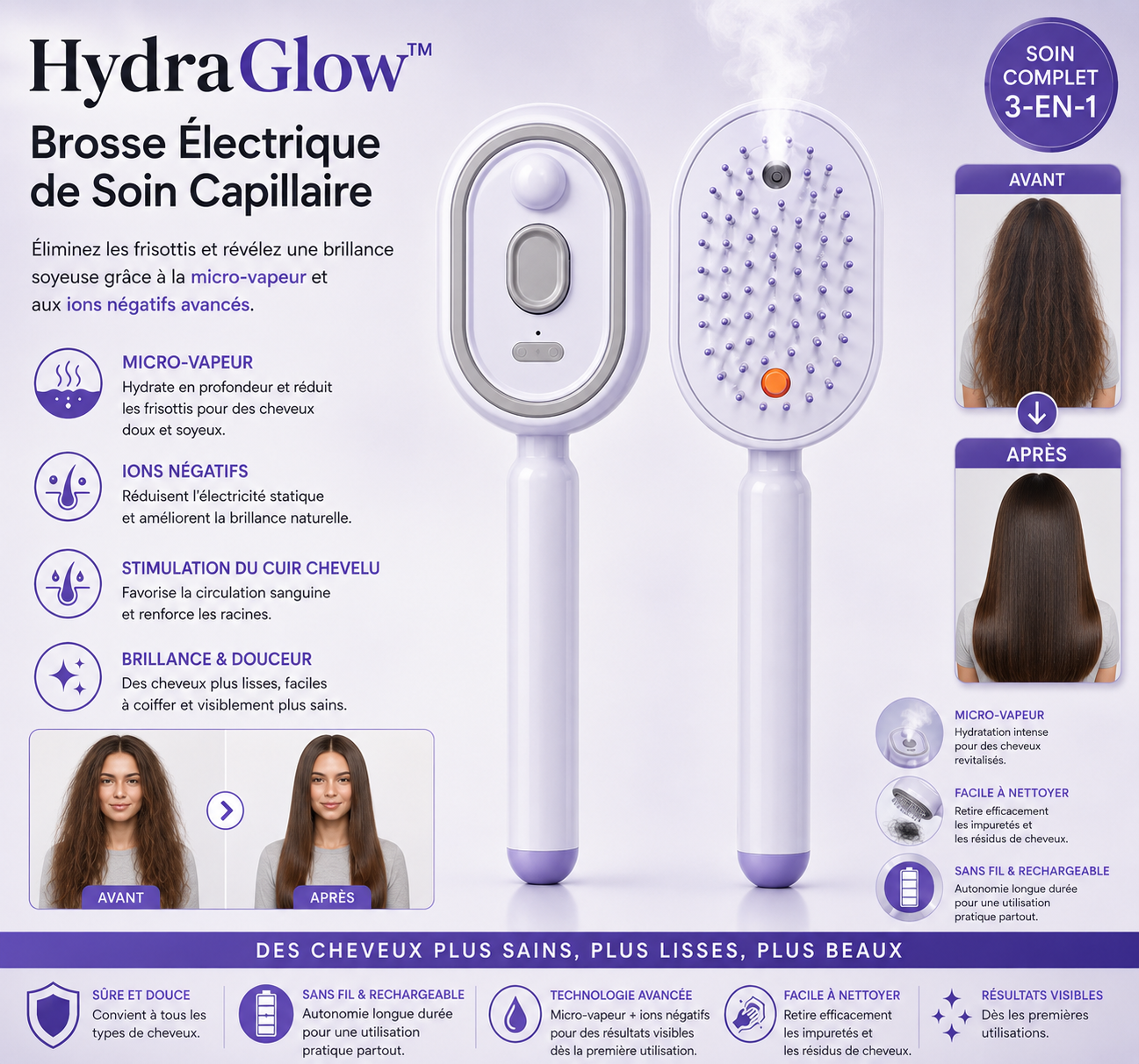 HydraGlow™ Brosse Électrique de Soin Capillaire | Éliminez les frisottis et révélez une brillance soyeuse grâce à la micro-vapeur et aux ions négatifs avancés.