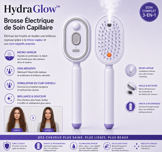HydraGlow™ Brosse Électrique de Soin Capillaire | Éliminez les frisottis et révélez une brillance soyeuse grâce à la micro-vapeur et aux ions négatifs avancés.